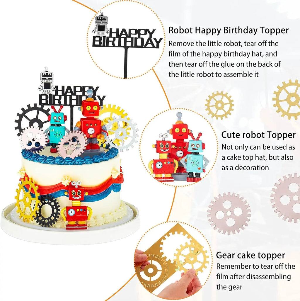 Robot Cake Toppers for Boys Robot Birthday Cake Topper Gear Happy Birthday Robot Cake Cupcake Decorations Robot Birthday Party