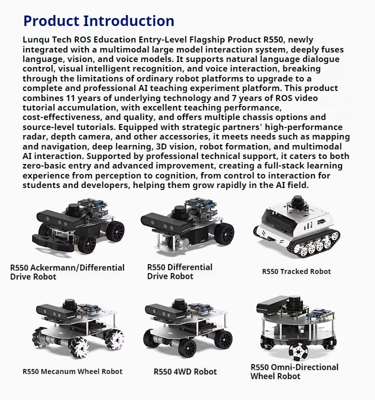 Raspberry Pi 5 R550 smart Robot Car ROS2 3D Depth vision LiDAR navigation Ackermann Differential Drive Mecanum Wheel AI Robot