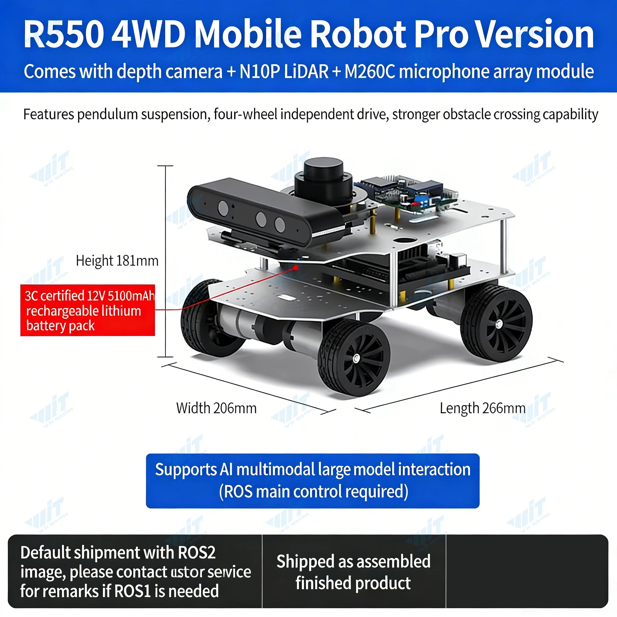 Raspberry Pi 5 R550 smart Robot Car ROS2 3D Depth vision LiDAR navigation Ackermann Differential Drive Mecanum Wheel AI Robot
