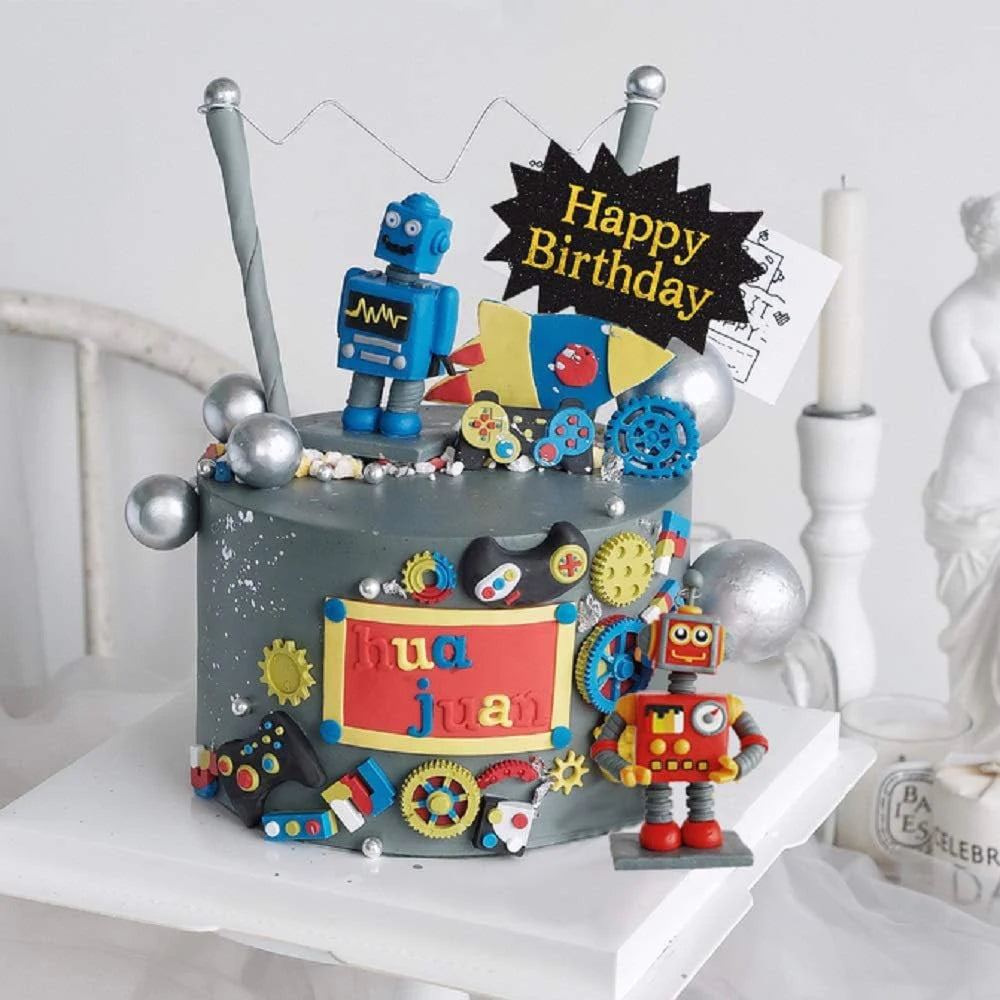 Robot Cake Toppers for Boys Robot Birthday Cake Topper Gear Happy Birthday Robot Cake Cupcake Decorations Robot Birthday Party