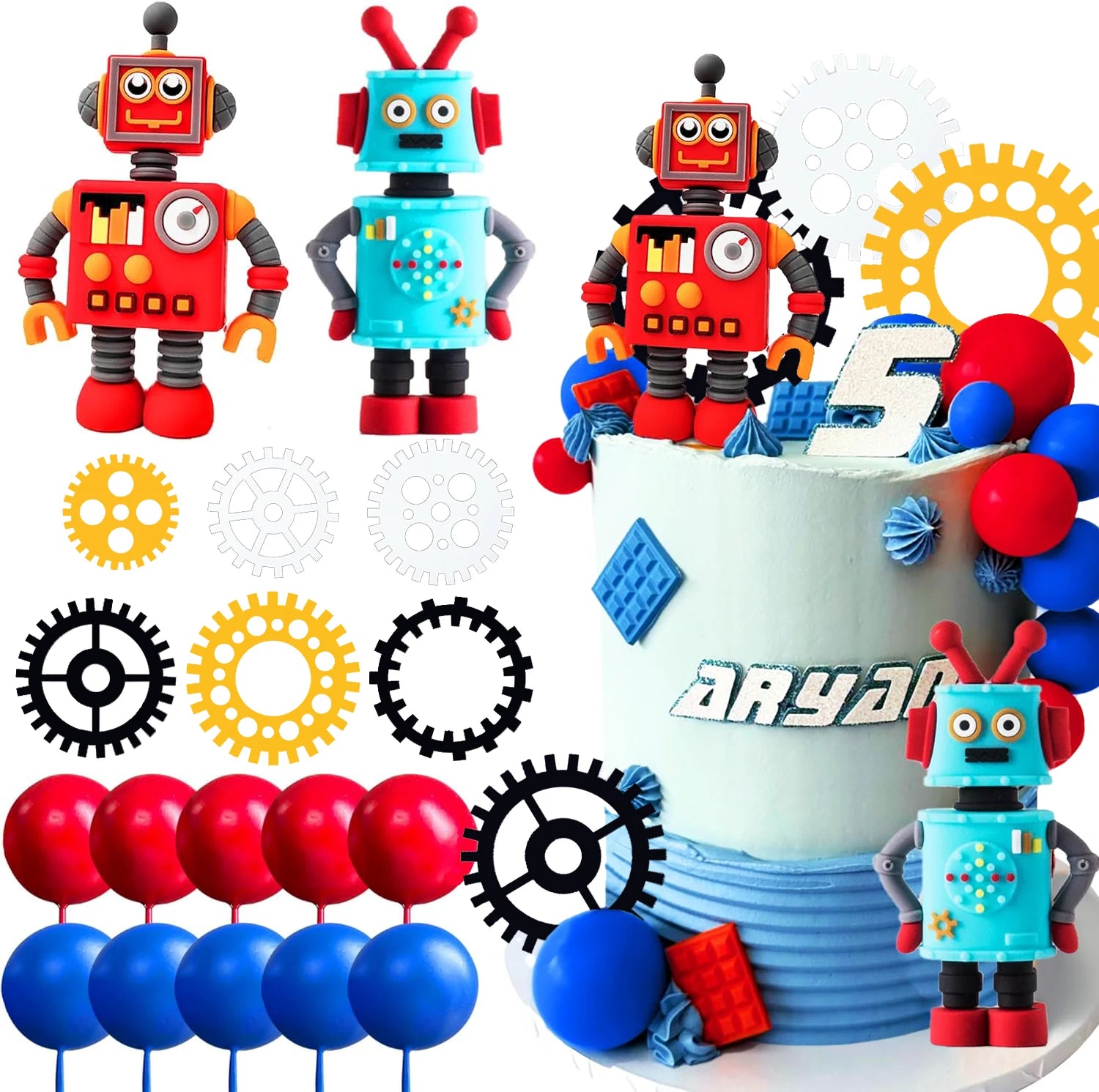 Robot Cake Toppers for Boys Robot Birthday Cake Topper Gear Happy Birthday Robot Cake Cupcake Decorations Robot Birthday Party